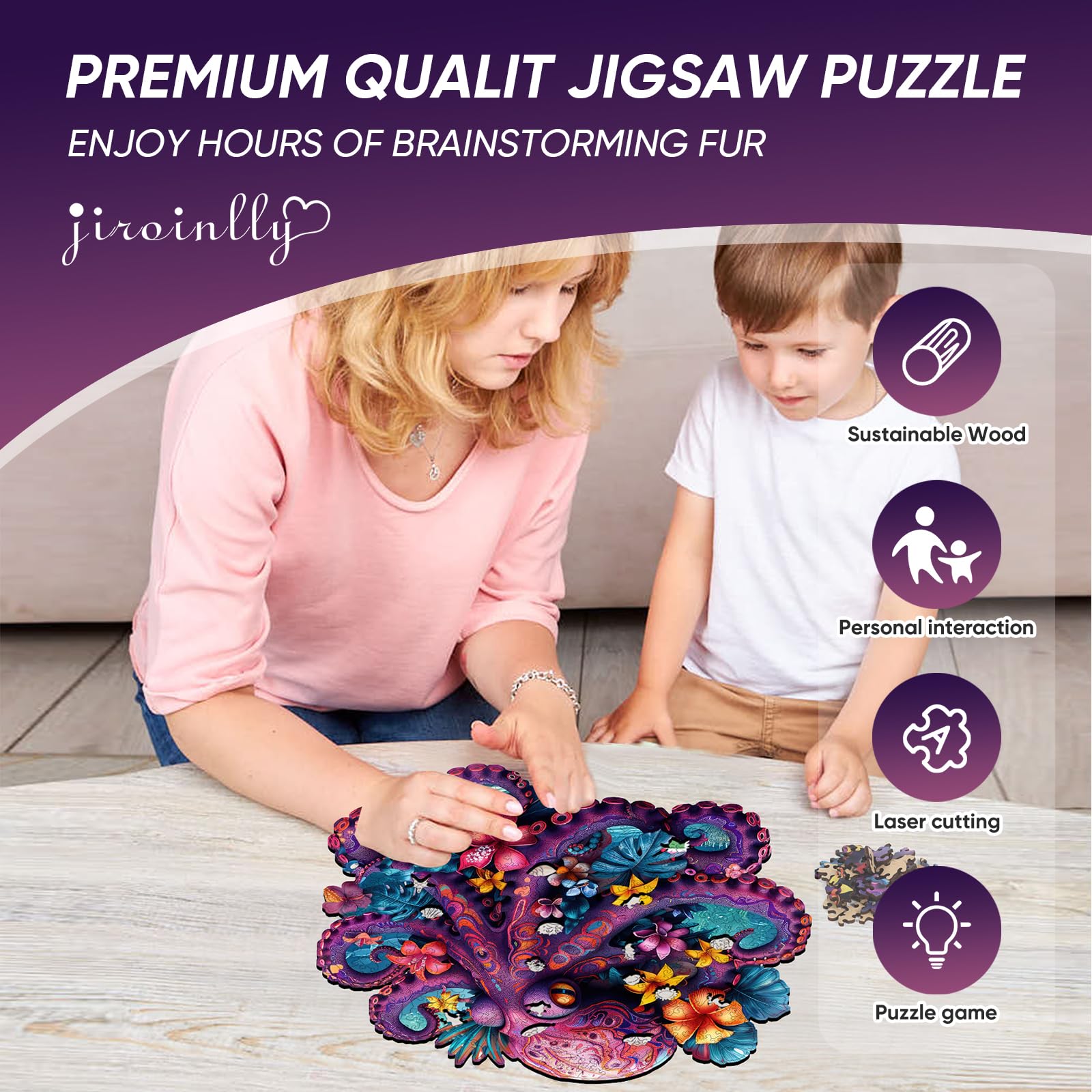 Jiroinlly 200-Piece Wooden Puzzle - Unique Shaped Flower Octopus Jigsaw for Adults & Kids, Stress Relief Home Decor