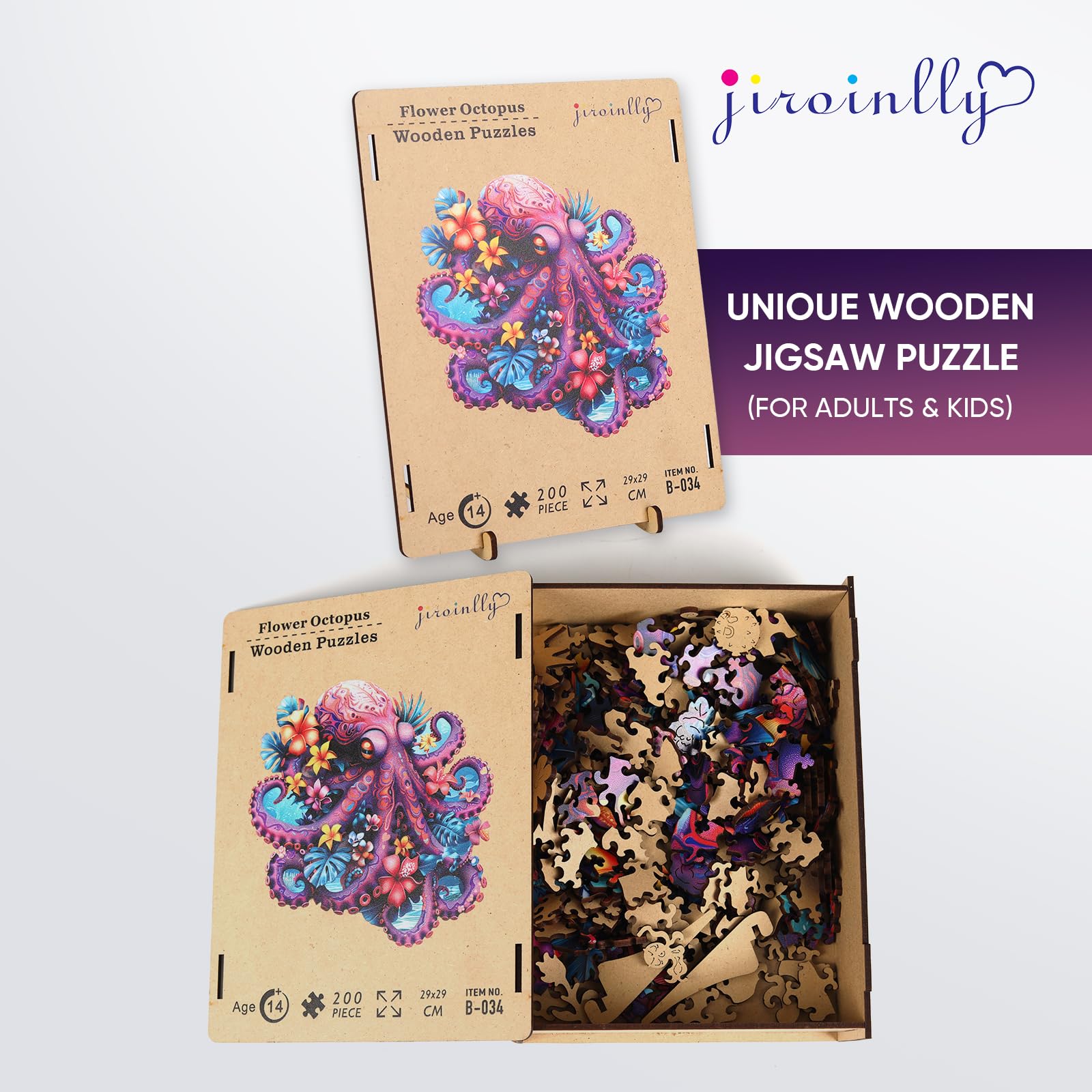 Jiroinlly 200-Piece Wooden Puzzle - Unique Shaped Flower Octopus Jigsaw for Adults & Kids, Stress Relief Home Decor