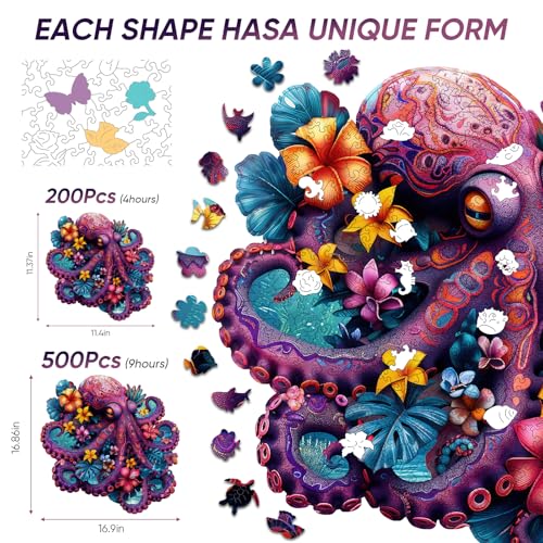 Jiroinlly 200-Piece Wooden Puzzle - Unique Shaped Flower Octopus Jigsaw for Adults & Kids, Stress Relief Home Decor