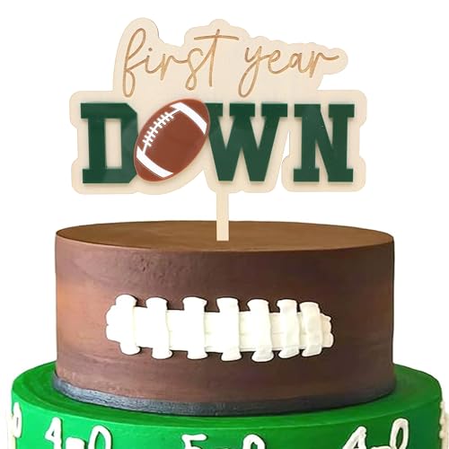 Jissoo First Year Down Wooden Cake Topper - Football 1st Birthday Party Decoration Prop