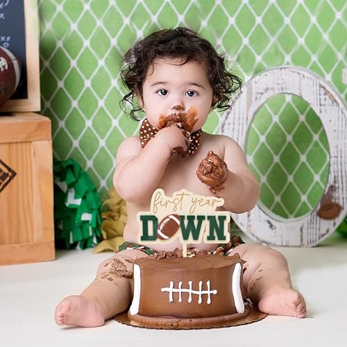 Jissoo First Year Down Wooden Cake Topper - Football 1st Birthday Party Decoration Prop