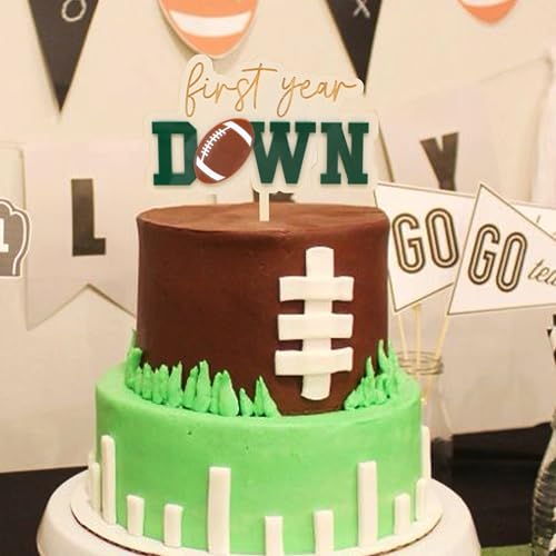 Jissoo First Year Down Wooden Cake Topper - Football 1st Birthday Party Decoration Prop