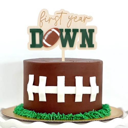 Jissoo First Year Down Wooden Cake Topper - Football 1st Birthday Party Decoration Prop