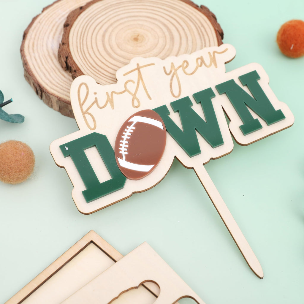 Jissoo First Year Down Wooden Cake Topper - Football 1st Birthday Party Decoration Prop