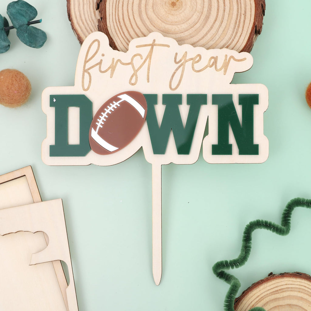 Jissoo First Year Down Wooden Cake Topper - Football 1st Birthday Party Decoration Prop