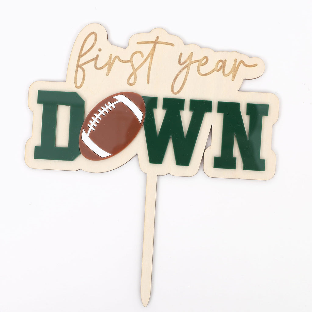 Jissoo First Year Down Wooden Cake Topper - Football 1st Birthday Party Decoration Prop