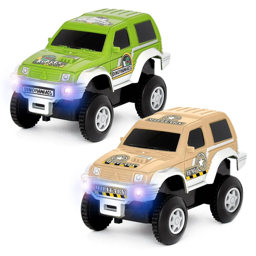 JITTERYGIT Replacement Cars for Tracks – 2-Pack Battery-Powered Dinosaur Jeeps with Decals, Compatible with Most Tracks