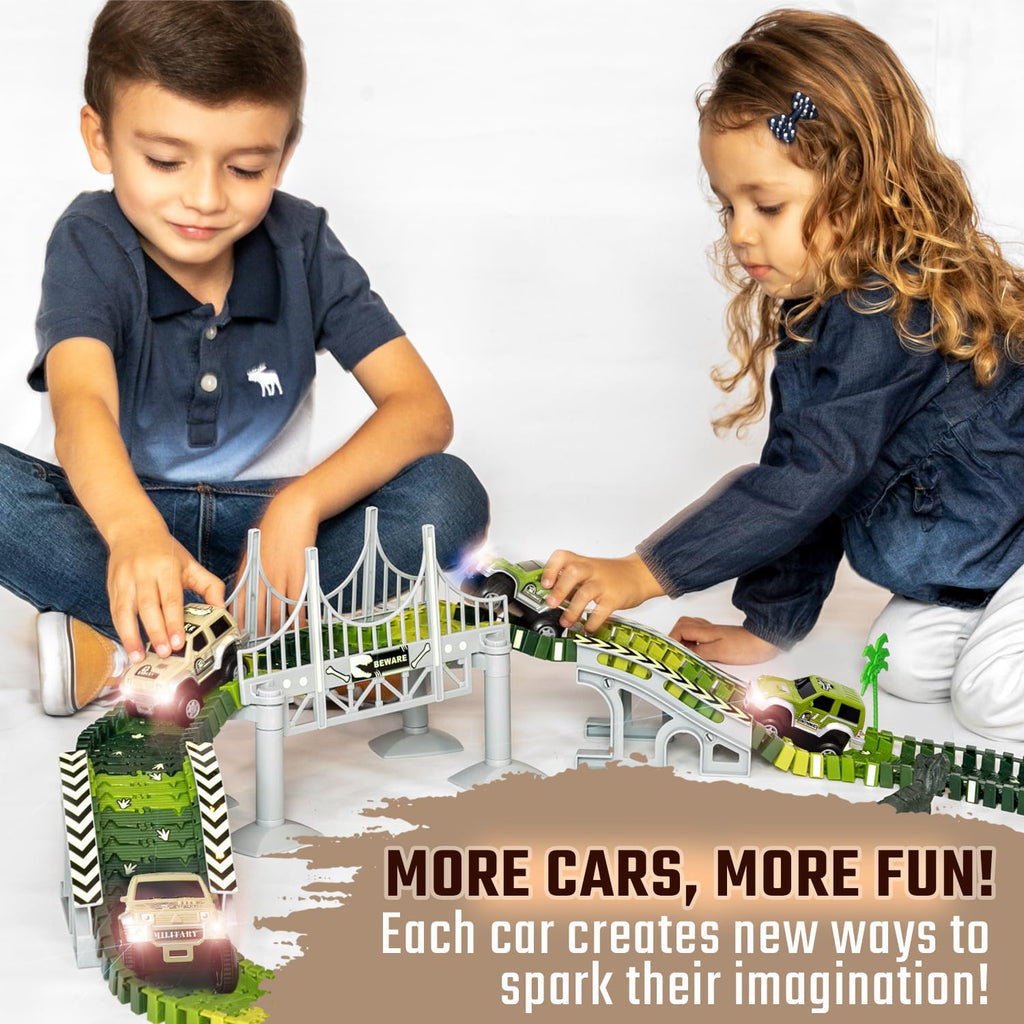 JITTERYGIT Replacement Cars for Tracks – 2-Pack Battery-Powered Dinosaur Jeeps with Decals, Compatible with Most Tracks