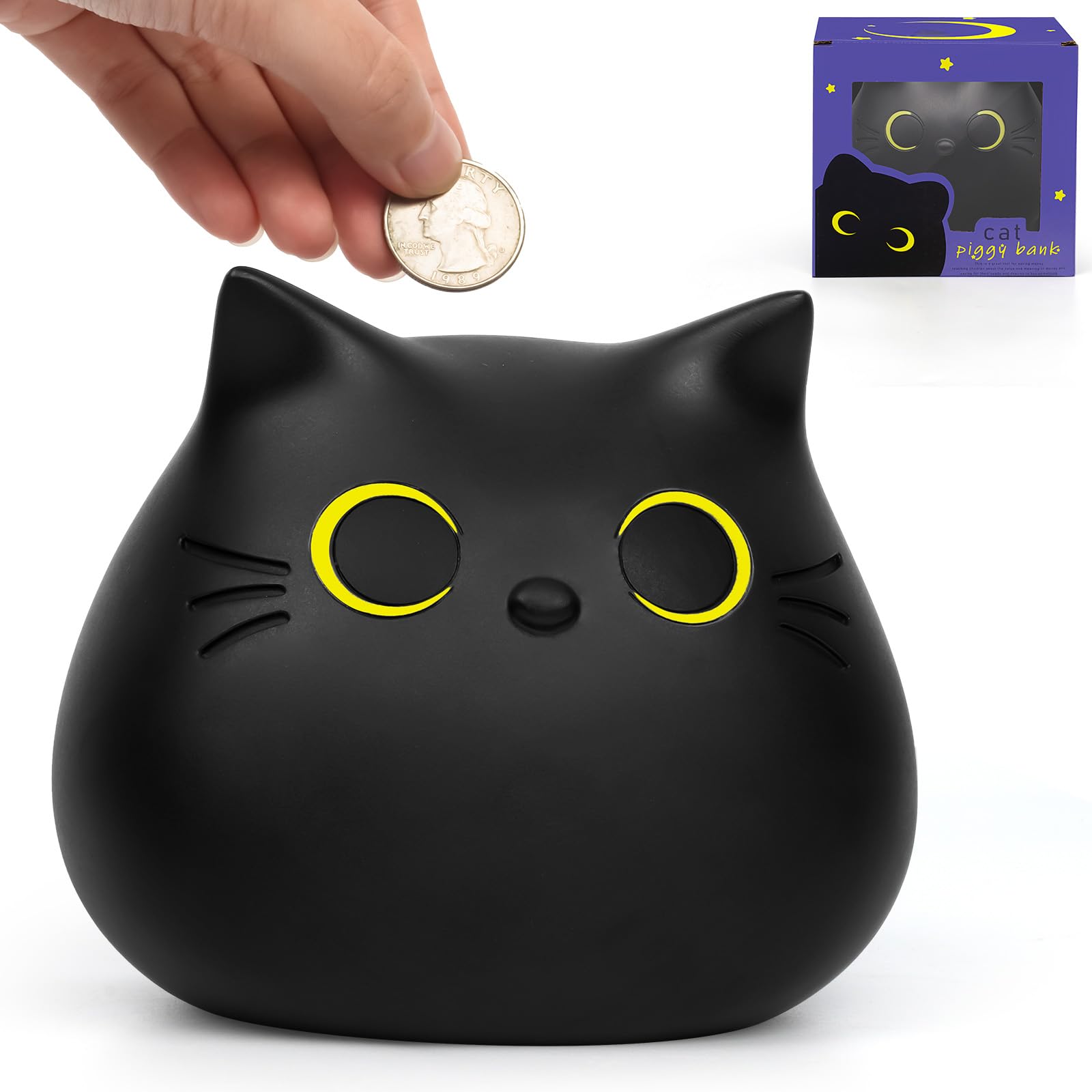 JIZWPOOM Black Cat Piggy Bank for Kids – Unbreakable Money Box with Easy Access, 5.5 x 5 Inches
