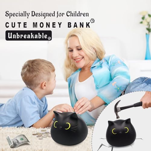 JIZWPOOM Black Cat Piggy Bank for Kids – Unbreakable Money Box with Easy Access, 5.5 x 5 Inches