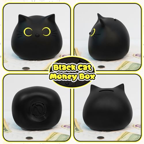 JIZWPOOM Black Cat Piggy Bank for Kids – Unbreakable Money Box with Easy Access, 5.5 x 5 Inches