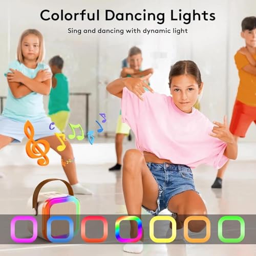JJYEITUO Mini Karaoke Machine for Kids with 2 Wireless Mics, LED Lights, Voice Change, Beige