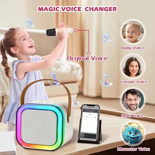 JJYEITUO Mini Karaoke Machine for Kids with 2 Wireless Mics, LED Lights, Voice Change, Beige