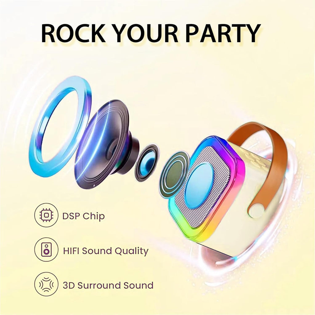 JJYEITUO Mini Karaoke Machine for Kids with 2 Wireless Mics, LED Lights, Voice Change, Beige