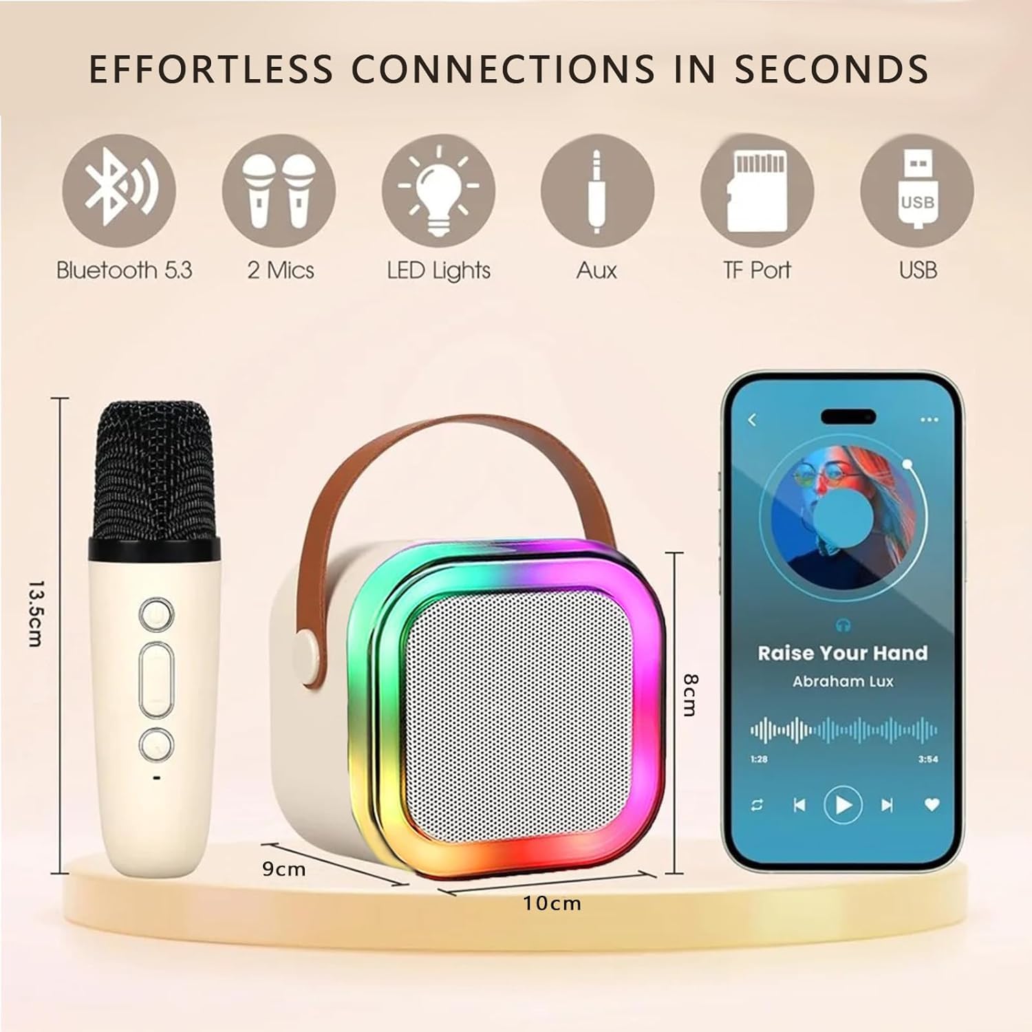 JJYEITUO Mini Karaoke Machine for Kids with 2 Wireless Mics, LED Lights, Voice Change, Beige