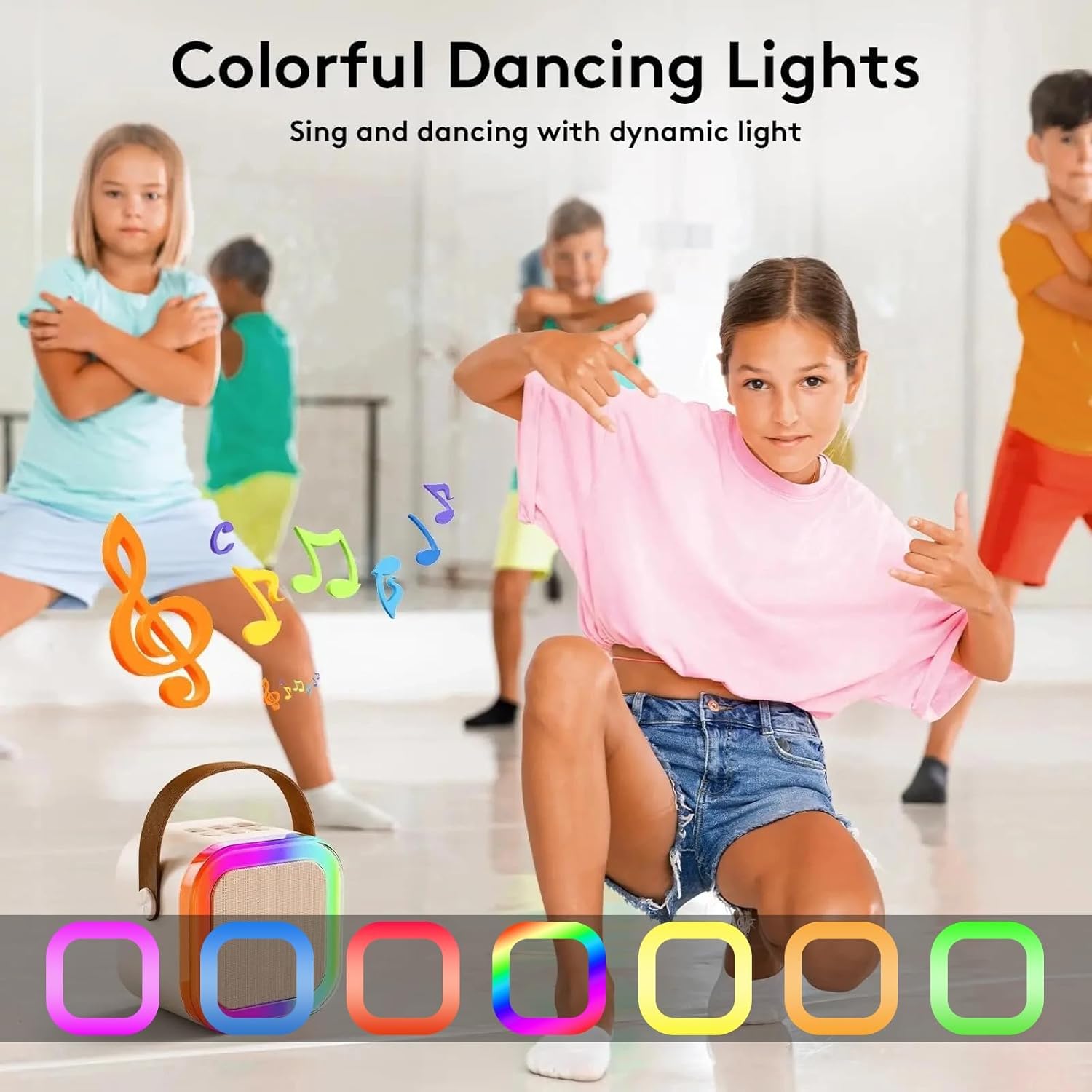 JJYEITUO Mini Karaoke Machine for Kids with 2 Wireless Mics, LED Lights, Voice Change, Beige