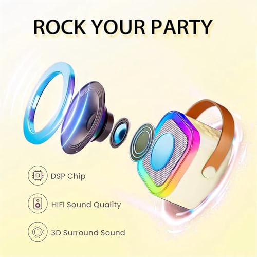 JJYEITUO Mini Karaoke Machine for Kids with 2 Wireless Mics, LED Lights, Voice Change, Beige