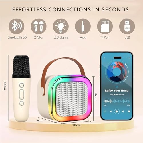 JJYEITUO Mini Karaoke Machine for Kids with 2 Wireless Mics, LED Lights, Voice Change, Beige