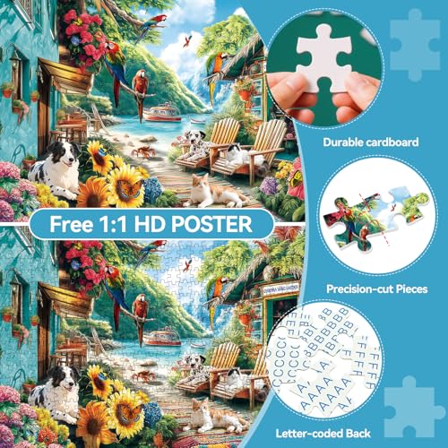 JJYHULK 2000 Piece Puzzle for Adults – Summer Seaside with Flowers, Dogs & Parrots – 39" x 28" Jigsaw