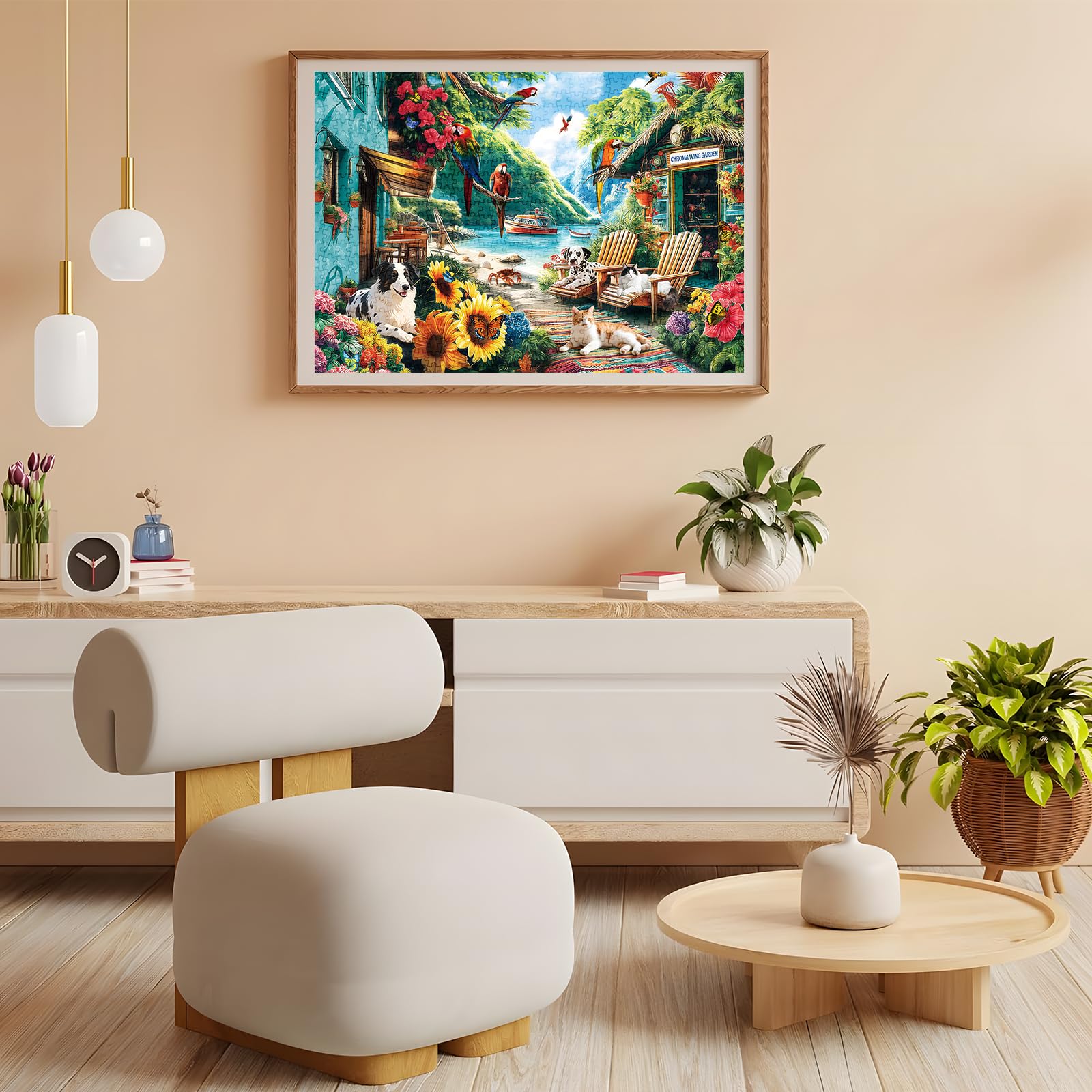 JJYHULK 2000 Piece Puzzle for Adults – Summer Seaside with Flowers, Dogs & Parrots – 39" x 28" Jigsaw