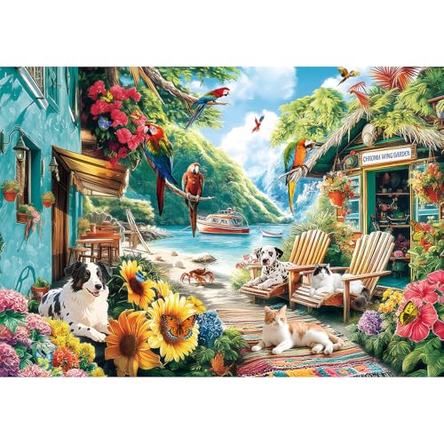 JJYHULK 2000 Piece Puzzle for Adults – Summer Seaside with Flowers, Dogs & Parrots – 39" x 28" Jigsaw