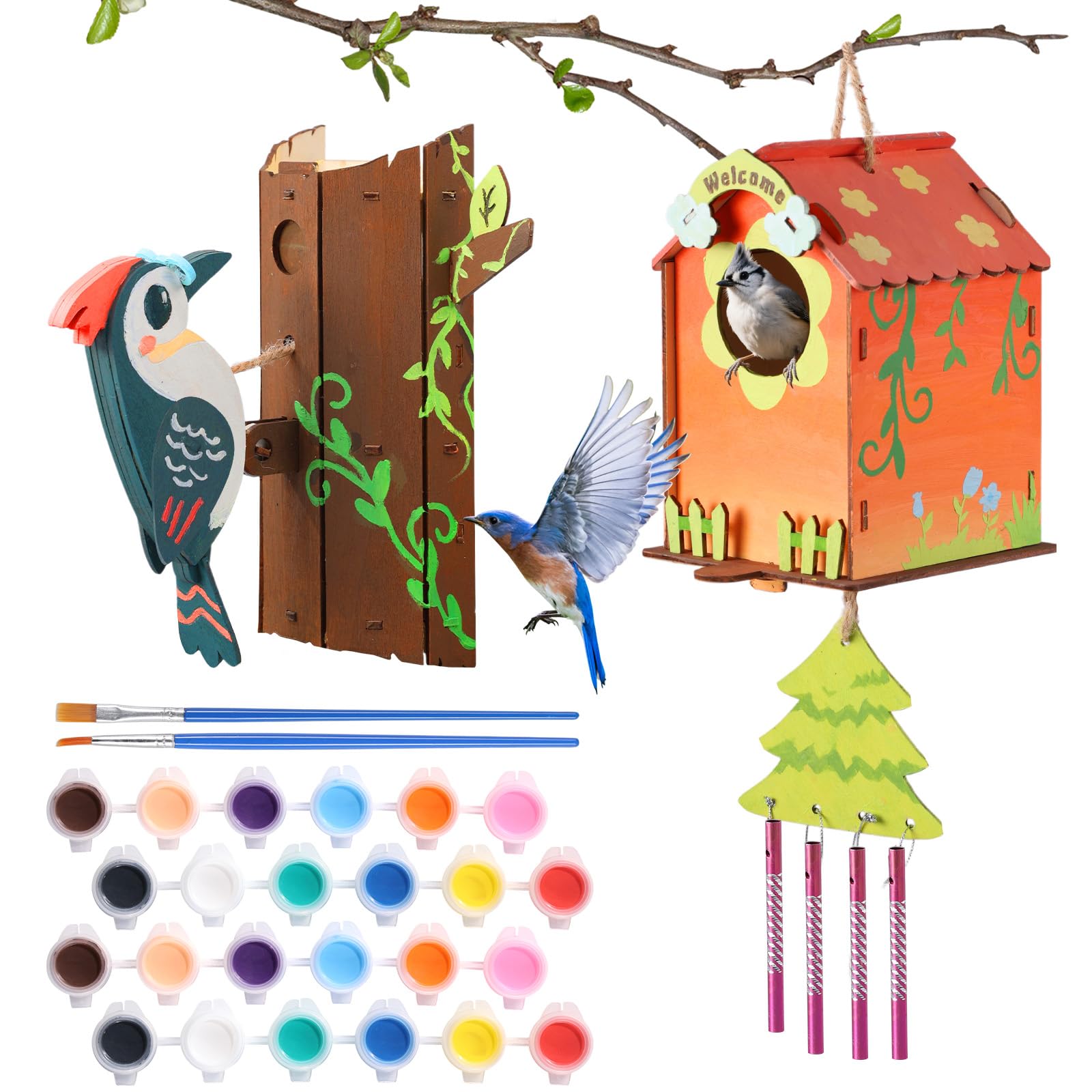JMMICO Paint Your Own Birdhouses - Wooden Painting Crafts Kit for Kids Ages 8-12, DIY Bird House and Woodpecker Doorbell, All-In-One Set