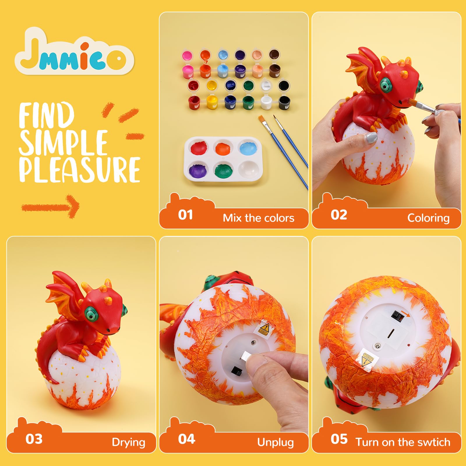 JMMICO Paint Your Own Dragon Lamp Craft Kit | DIY Night Light for Kids 6+