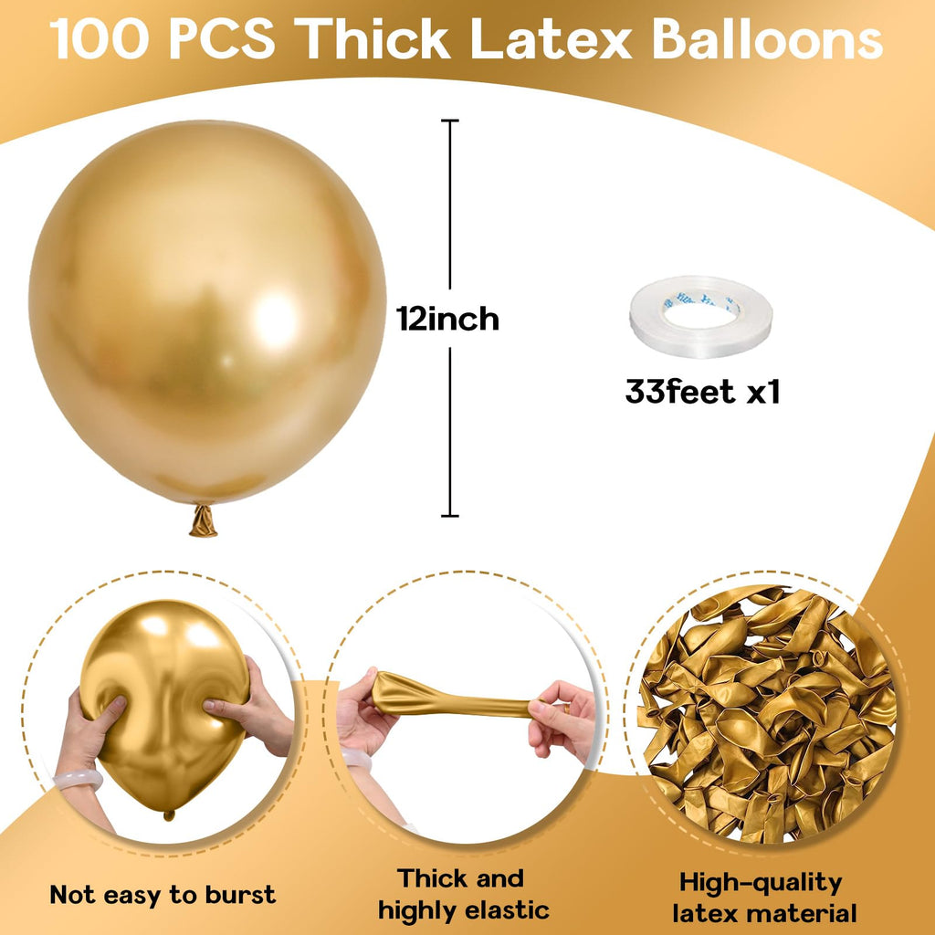 Jobkoo 100 Pack 12 Inch Gold Latex Balloons – Metallic Chrome Finish for Parties, Birthdays, Weddings, and More