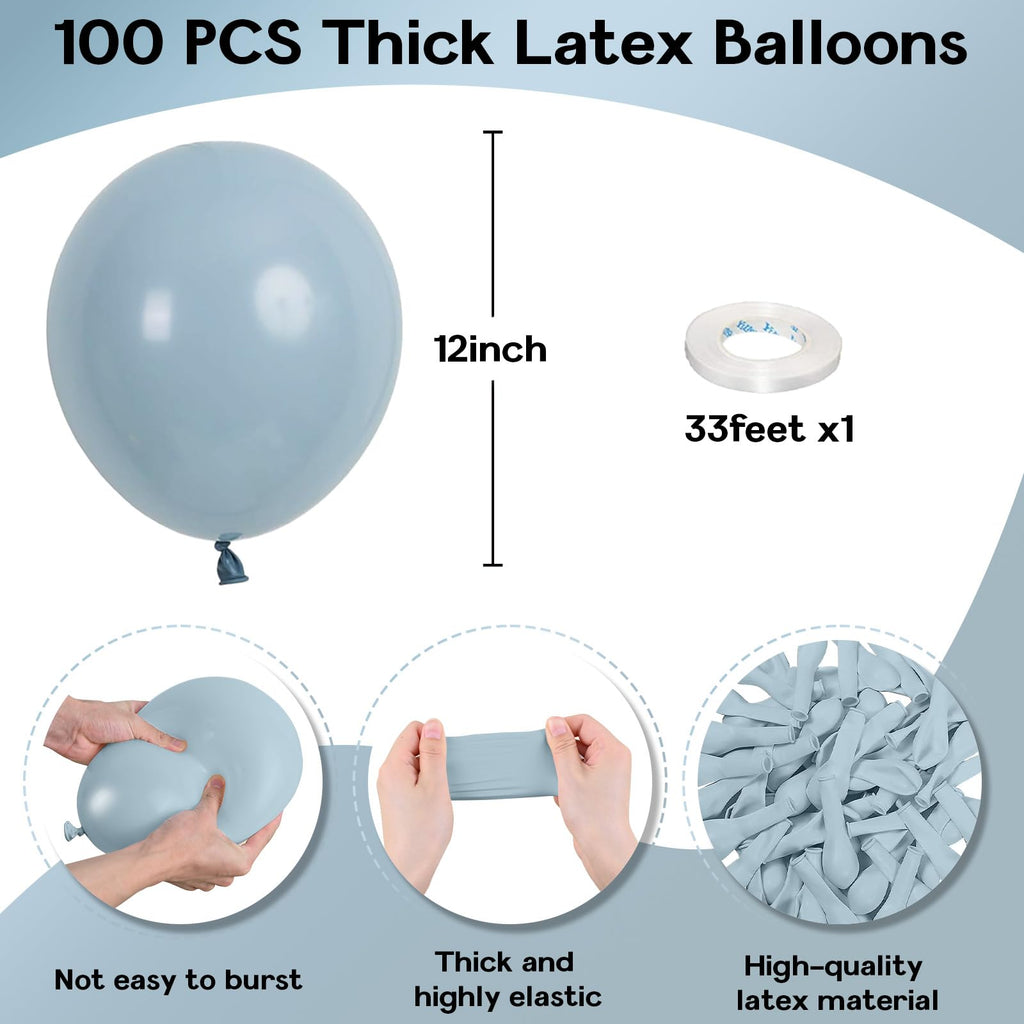 Jobkoo 100 Pack Dusty Blue Latex Balloons - 12 Inch Muted Blue Balloons for Birthday, Baby Shower, Boho Party Decorations