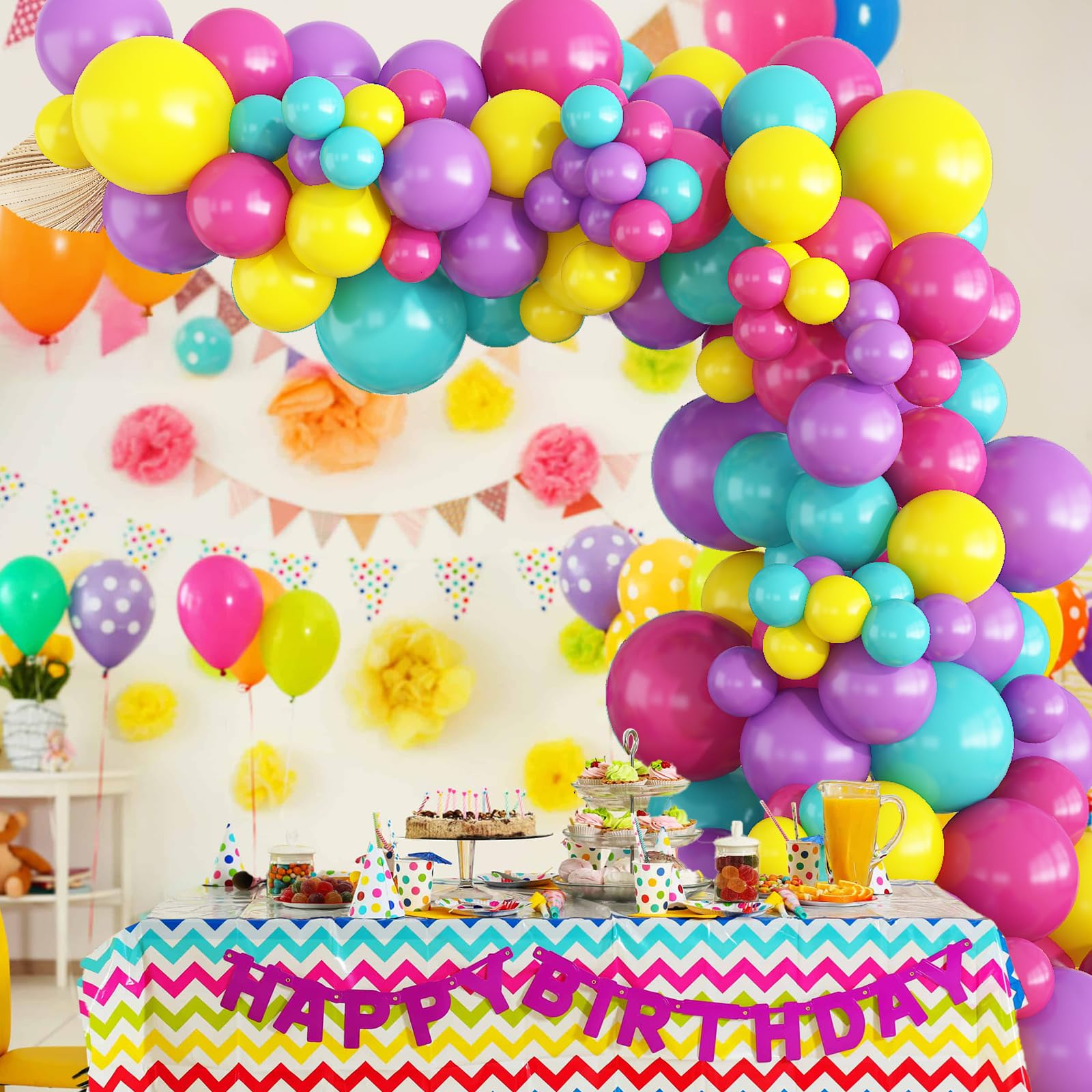 Jobkoo 132-Piece Pastel Balloon Arch Kit - Hot Pink, Teal, Yellow, Purple for Birthday Parties