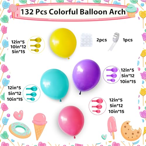 Jobkoo 132-Piece Pastel Balloon Arch Kit - Hot Pink, Teal, Yellow, Purple for Birthday Parties