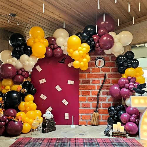 Jobkoo 144PC Magic Balloons Arch Kit - Burgundy Black Gold Balloon Garland with DIY Broom and Foil Balloons for Wizard Themed Parties