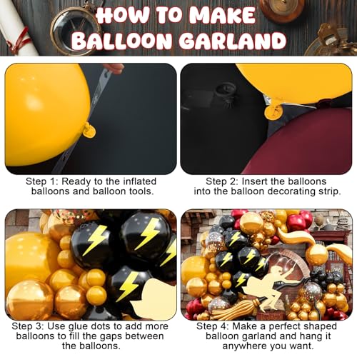 Jobkoo 144PC Magic Balloons Arch Kit - Burgundy Black Gold Balloon Garland with DIY Broom and Foil Balloons for Wizard Themed Parties