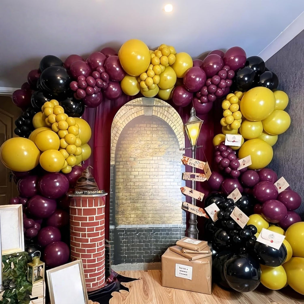 Jobkoo 144PC Magic Balloons Arch Kit - Burgundy Black Gold Balloon Garland with DIY Broom and Foil Balloons for Wizard Themed Parties