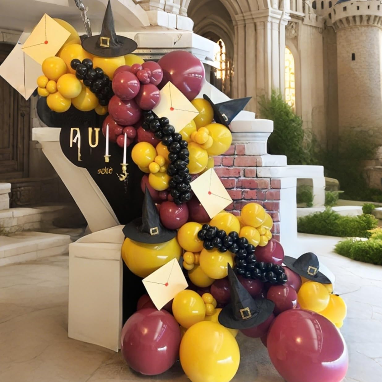 Jobkoo 144PC Magic Balloons Arch Kit - Burgundy Black Gold Balloon Garland with DIY Broom and Foil Balloons for Wizard Themed Parties