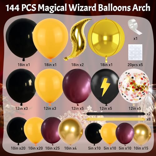 Jobkoo 144PC Magic Balloons Arch Kit - Burgundy Black Gold Balloon Garland with DIY Broom and Foil Balloons for Wizard Themed Parties