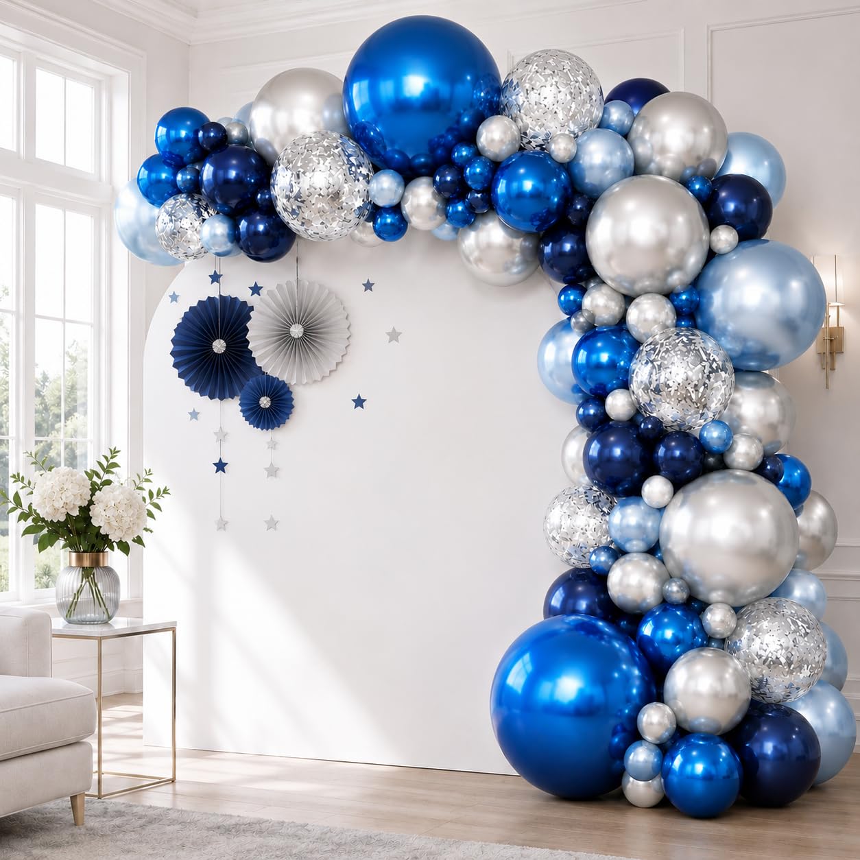 Jobkoo 94-Piece Blue & Silver Balloon Arch Garland Kit - Navy, Metallic, and Confetti Latex Balloons for Birthdays, Weddings, and Graduations