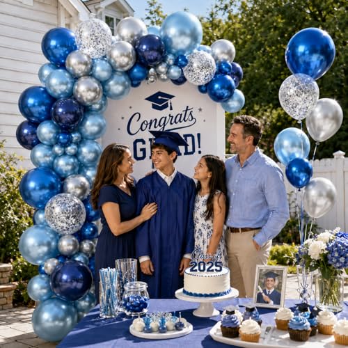 Jobkoo 94-Piece Blue & Silver Balloon Arch Garland Kit - Navy, Metallic, and Confetti Latex Balloons for Birthdays, Weddings, and Graduations