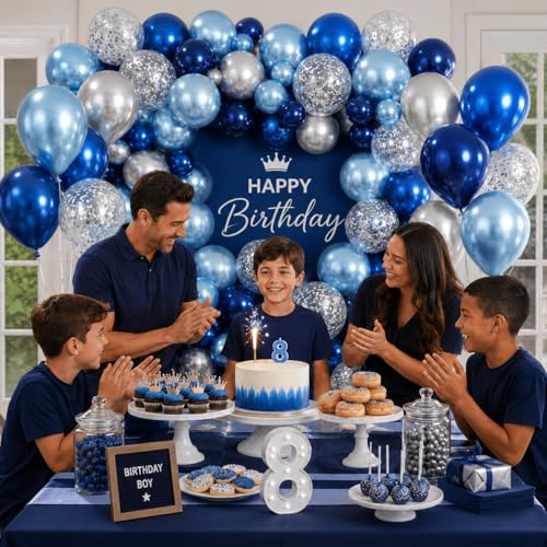 Jobkoo 94-Piece Blue & Silver Balloon Arch Garland Kit - Navy, Metallic, and Confetti Latex Balloons for Birthdays, Weddings, and Graduations
