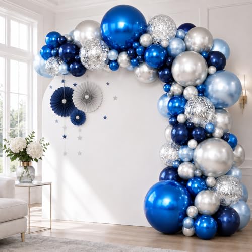 Jobkoo 94-Piece Blue & Silver Balloon Arch Garland Kit - Navy, Metallic, and Confetti Latex Balloons for Birthdays, Weddings, and Graduations