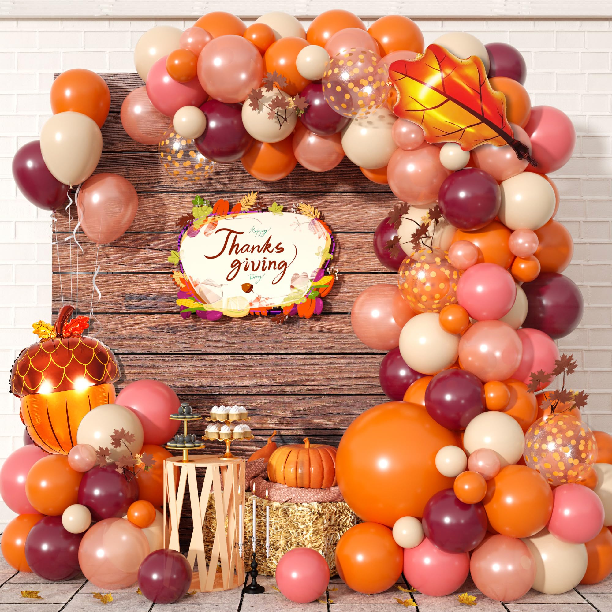 Jobkoo Fall Balloon Arch Kit - 107pc Autumn Garland with Maple & Acorn Foil Balloons for Thanksgiving Parties