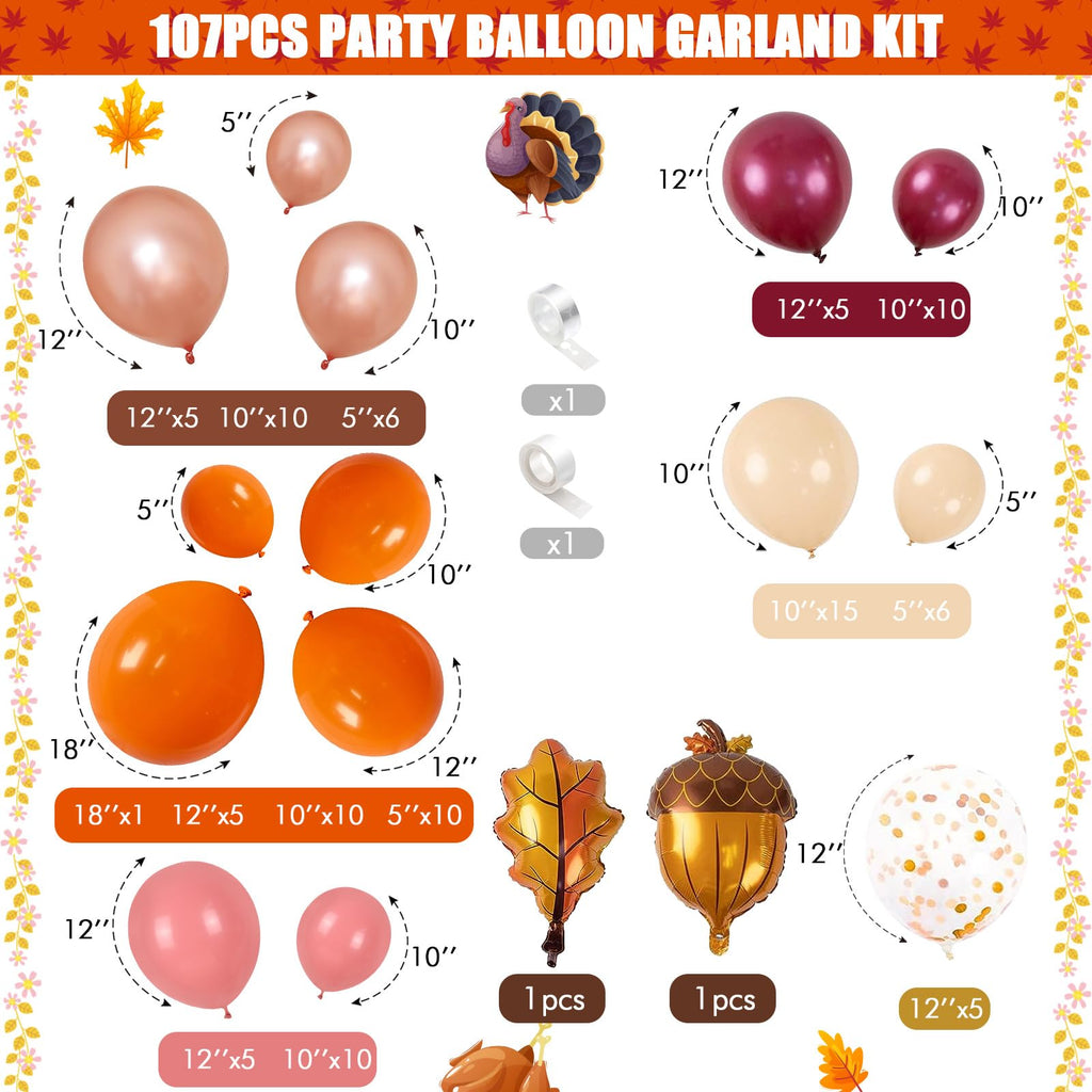 Jobkoo Fall Balloon Arch Kit - 107pc Autumn Garland with Maple & Acorn Foil Balloons for Thanksgiving Parties