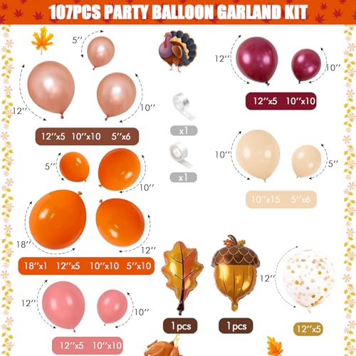 Jobkoo Fall Balloon Arch Kit - 107pc Autumn Garland with Maple & Acorn Foil Balloons for Thanksgiving Parties