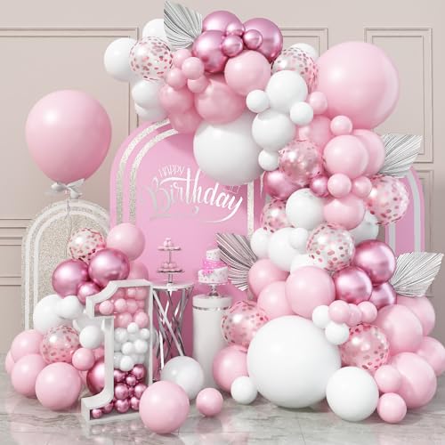 Jobkoo Pink and White Balloon Arch Kit - 91-Piece Pastel Pink, White, Metallic, and Confetti Balloon Garland Set for Baby Shower, Birthday, Wedding Decor