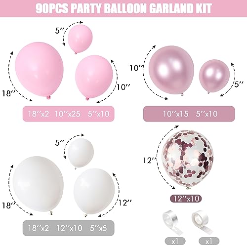 Jobkoo Pink and White Balloon Arch Kit - 91-Piece Pastel Pink, White, Metallic, and Confetti Balloon Garland Set for Baby Shower, Birthday, Wedding Decor