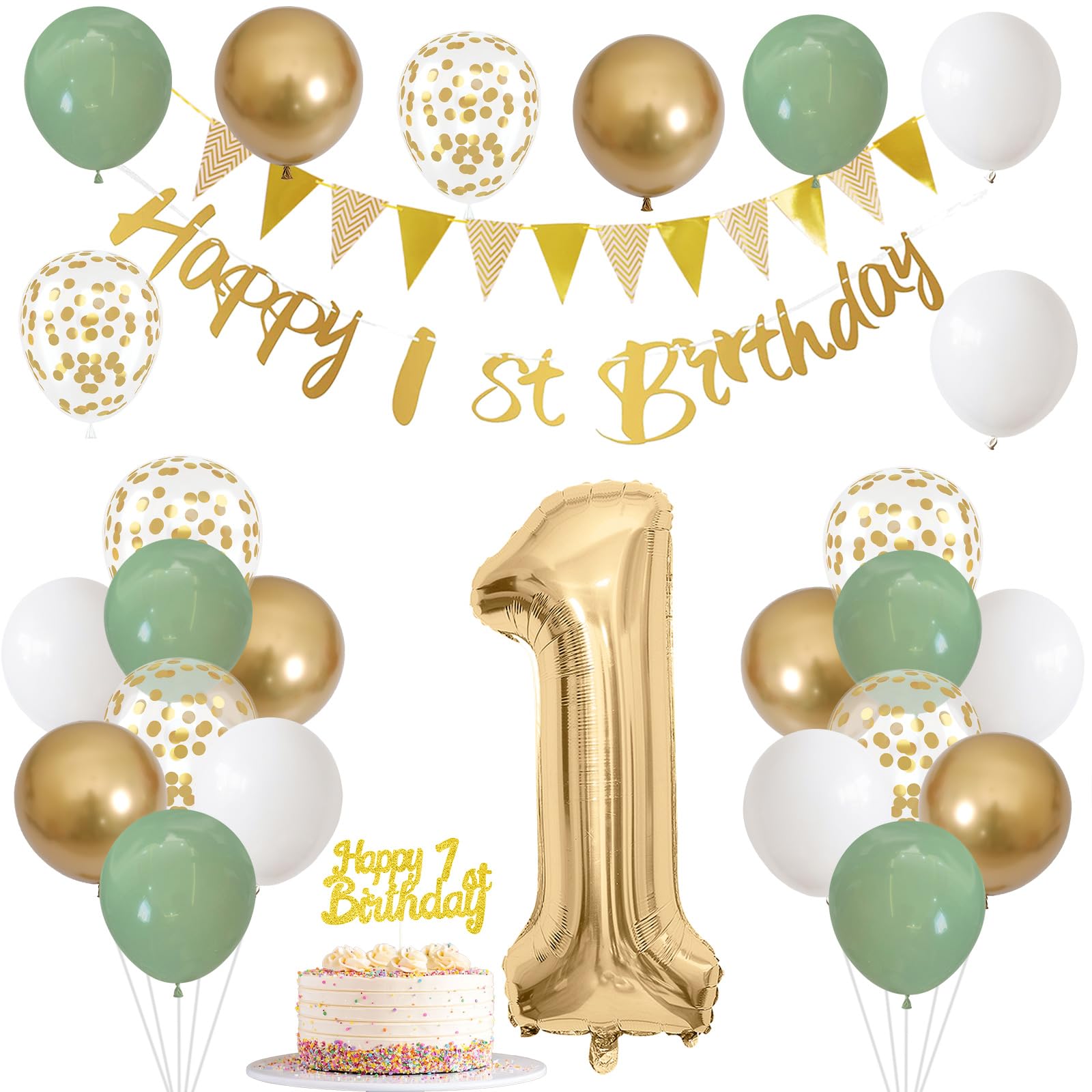 Jobkoo Sage Green Gold 1st Birthday Decorations – 24 Balloons, Banner, Bunting, Number 1 Foil Balloon for Baby's First Birthday Party