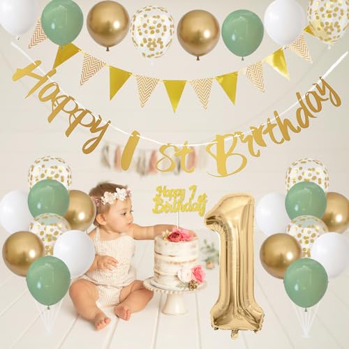 Jobkoo Sage Green Gold 1st Birthday Decorations – 24 Balloons, Banner, Bunting, Number 1 Foil Balloon for Baby's First Birthday Party