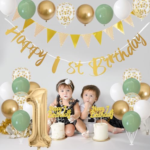 Jobkoo Sage Green Gold 1st Birthday Decorations – 24 Balloons, Banner, Bunting, Number 1 Foil Balloon for Baby's First Birthday Party