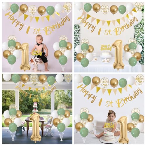 Jobkoo Sage Green Gold 1st Birthday Decorations – 24 Balloons, Banner, Bunting, Number 1 Foil Balloon for Baby's First Birthday Party
