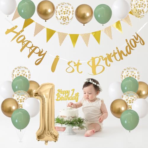 Jobkoo Sage Green Gold 1st Birthday Decorations – 24 Balloons, Banner, Bunting, Number 1 Foil Balloon for Baby's First Birthday Party